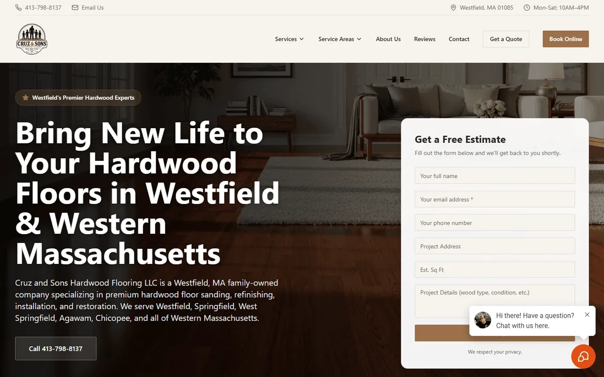 Homepage of a website we built on GoHighLevel for a hardwood flooring contractor