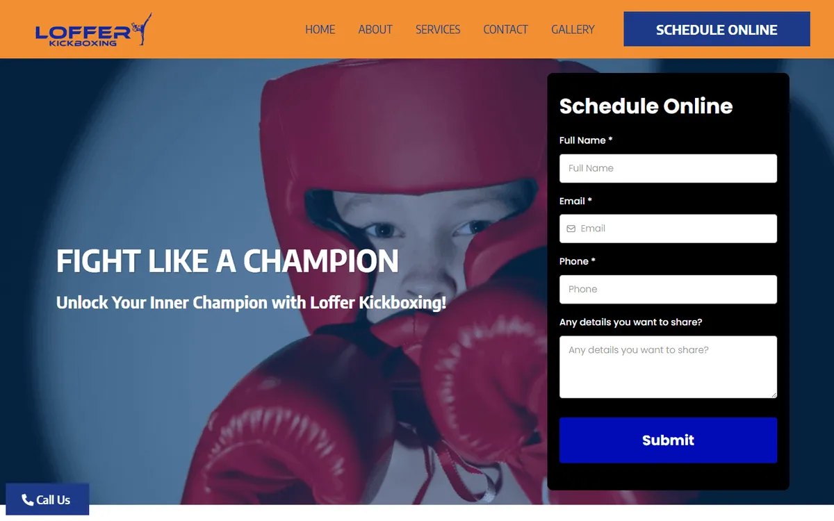 Homepage of a website we built for a kickboxing gym